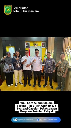 Wali Kota Subulussalam Terima Tim BPKP Aceh untuk Evaluasi Capaian Pelaksanaan Pogram Sekolah Rakyat Reporter Mc Kota Subulussalam Subulussalam, InfoPublik-Wali Kota Subulussalam H.M.Rasyid menerima kunjungan tim Badan Pengawasan Keuangan dan Pembangunan (BPKP) Aceh di ruang kerjanya pukul 08.15 Wib, rabu (11/2/2026). Berdasarkan Surat Tugas Nomor PE.09.02/ST-99/PW01/2/2026 yang ditandatangani Kepala Perwakilan BPKP Aceh Nanang Agus Sutrisno tim BPKP Aceh melakukan rangkaian pertemuan dan koordi