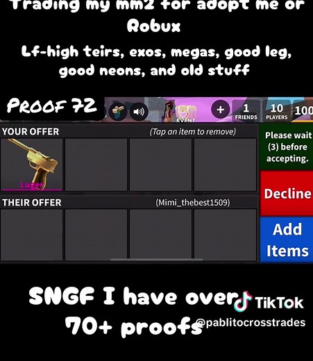 Trading my mm2 for adopt me or Robux!! Lf-high teirs, exos, megas, good Legendarys, good neons, and old pets or other stuff!!!! NGF I have over 90 proofs in here and my alt!! #mm2 #roblox #foryoupage #fyp #mm2foradoptme