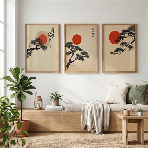 Japanese Rising Sun Wall Art Set of 3, Pine Tree Asian Minimalist Print Art, Japanese Rising Wabi Sabi Poster, Triptych Japanese Landscape - Etsy