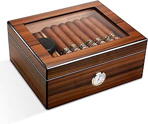 Cigar Humidor for 50-56 Cigars Large Capacity Brown Desktop Cedar Cigar Storage Box with Humidifier and Hygrometer (Medium Size)