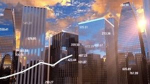 Annual report video presentation with growth chart graph against office buildings in the business downtown. Financial figures on the corporate infographic with securities price and profit analyze.