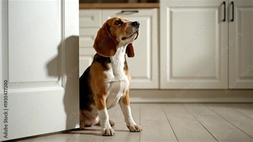 A beagle dog peeking from behind a kitchen door, looking upwards in a domestic kitchen environment.