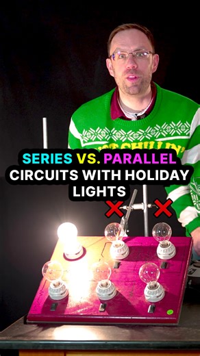 TAMU Physics & Astronomy on Instagram: "Series vs. Parallel Circuits with Holiday Lights 💡🎄 A series circuit is one where a single current flows through each circuit component, in this case light bulbs, sequentially. If each lightbulb has the same resistance, then each bulb will experience a voltage drop across it that is an equal fraction of the input voltage of the circuit. Each added light bulb increases the resistance in the series circuit causing the current through the circuit to drop. A