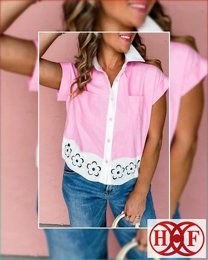 Pink Hollow-out Floral Contrast Patchwork Short Sleeve Button Up Shirt