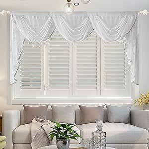 European White Sheer Waterfall Valance for Living Room Embroidery Swag Luxury Drapes for Bedroom Light Filtering Rod Pocket Voile Scarf Valance with Beadeds for Wedding 1 Panel 98 Inches Wide