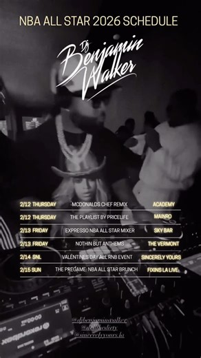 DJ Benjamin Walker on Instagram: "NBA All-Star Los Angeles week is HERE 🏀✨ And the city is already on fire. Here’s the full lineup of everywhere I’ll be all week. This is YOUR invite. So many of my DJ brothers and sisters are curating crazy vibes all over the city too, so trust me… you’ve got options. Pull up. Tap in. Let’s vibe. 🔥🎶 #LAdj #dj #nba #nbaallstarweekend #events"