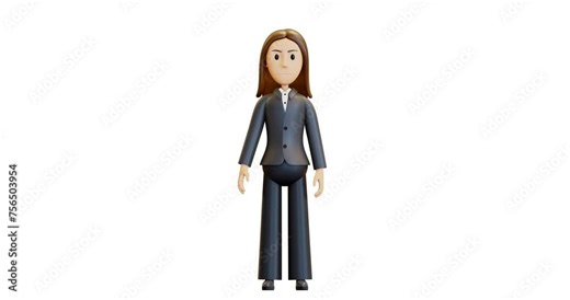 3D animation. A very angry woman shows dislike. Angry boss, office worker. An aggressive character in a tuxedo, an unbalanced person. 4k animation, alpha channel, in cartoon style, isolated.
