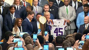 15K views · 442 reactions | GEAUX TIGERS: President Trump welcomed the college football championship Louisiana State University Tigers to the White House, celebrating the undefeated team and its Heisman Trophy-winning quarterback Joe Burrow and receiving a No. 45 jersey with Trump on the back. https://abcn.ws/2Nz8Cx8 | ABC World News Tonight with David Muir | Facebook