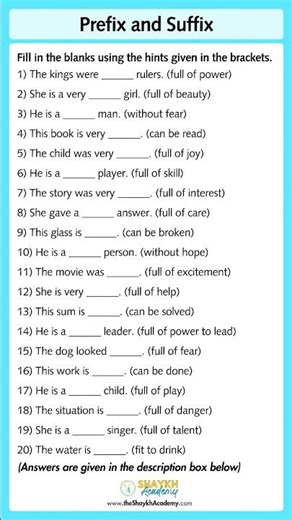 📝 Prefix and Suffix (Fill in the Blanks) | Worksheet with Answers 🧑🏻‍🏫 | English Grammar for Class 3