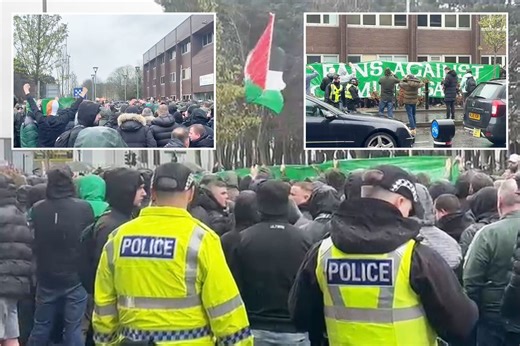 Hundreds of angry Celtic supporters swarm police station in protest against cops