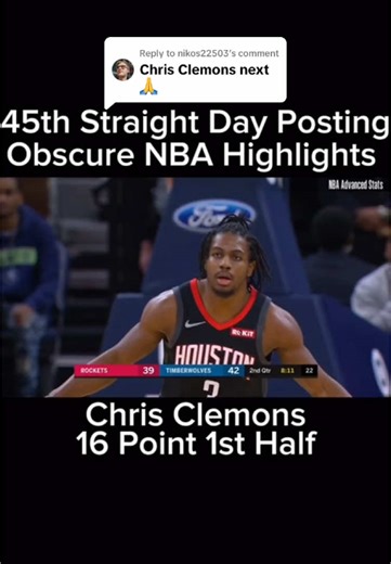 Replying to @nikos22503 Obscure NBA Highlights Day 45: Chris Clemons pours in 16 first half points en route to a blowout win over Minnesota. Date: November 16th, 2019 Final score: Rockets 125 - 105 Timberwolves Team record: Rockets 10-3 | Timberwolves 7-6 Chris Clemons 1st Half box score: 16 minutes 16 points 1 rebound 0 assists 2 steals 0 blocks 0 turnovers 6/8 FG 4/6 3P 0/0 FT Career Stats: 33 GP 8.8 MPG 4.9 PPG 0.9 RPG 0.8 APG 0.3 SPG 0.2 BPG 0.6 TOV 40.1 FG% 34.6 3P% 90.9 FT% Height, Weight,