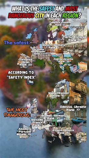 The safest and the most dangerous city in each region #geography #europe #map #mapping #mapper #fyp