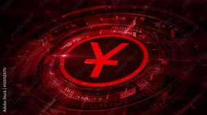 Chinese yuan symbol is displayed in a glowing red digital interface, symbolizing digital currency, fintech, and modern financial technology. Ideal for concepts of cryptocurrency and digital economy