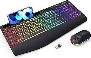 Veilzor Wireless Keyboard and Mouse RGB Backlit - 2.4G Rechargeable Full-Size with Phone/Tablet Holder, Silent Ergonomic Wireless Combo for Computer, PC, Laptop