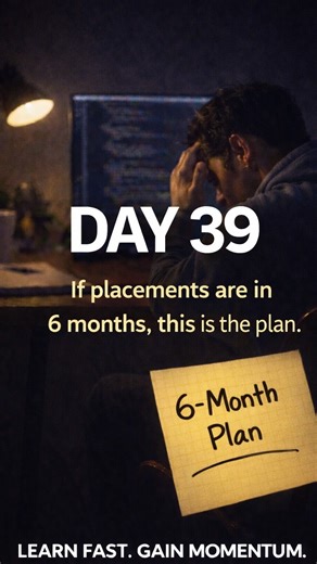 Rishabh | Coding | Dsa | Discipline on Instagram: "Day 39 If your on-campus placements are in 6 months, read this slowly. Most students waste these 6 months without even realising it. This is a realistic plan. No hype. No shortcuts. MONTH 1–2: Build the base (don’t rush this) • Pick ONE language (C++ / Java / Python) • Learn only what DSA needs: loops, arrays, functions, maps • Start with Arrays + Strings • Focus on understanding, not speed (Share your struggles in comment we will fight) If you