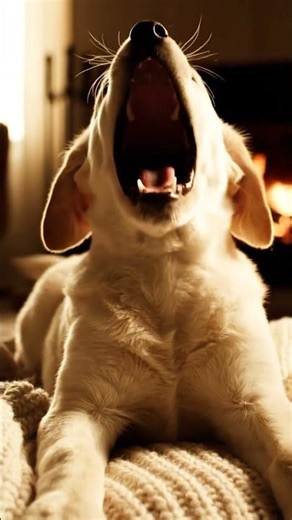 A real puppy stretching and yawning after a nap, peaceful and comforting scene