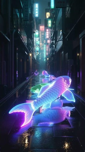 Cyberpunk Neon Koi Fish Floating in Night Alley 🐟✨ | AI Art Animation