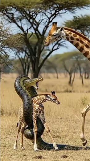 Giraffe bite a neck of python to save baby 😭