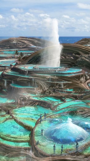 Dylan Cole on Instagram: "Seawall Concept art from Avatar: The Way of Water. Thinking of this as a living and breathing system helped inform its unique shape. Rapidly calcifying plankton is brought up from the depth and creates these terraces pools and brings nutrients into the lagoon. The exterior wall is accreted from the same calcifying plankton but has a much different form from the waves crashing against it. That's my story and I'm sticking to it. Find this and many more Avatar paintings in