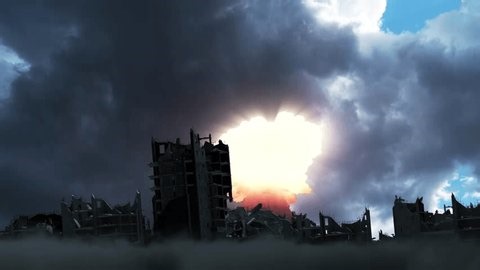 City under attack with jets and explosions A fiery explosion engulfs the devastated city, painting the sky in an apocalyptic red glow.