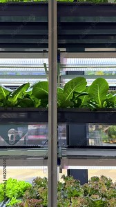 healthy food and fresh vegetables production in modern vertical farm, high agriculture technologies of future, green spinach lettuce and sorrel