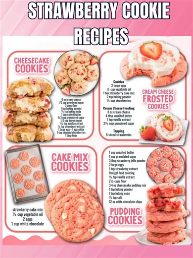 🍓✨ Sadie’s Strawberry Cookie Recipes – Sweet, Soft & So Irresistible! ✨🍓 Nothing says sweet happiness quite like strawberry cookies! 💕 These strawberry cookie recipes are soft, creamy, and bursting with berry goodness — perfect for Valentine’s Day, spring gatherings, or any cozy afternoon treat. 🌸 🍓 1️⃣ Strawberry Cheesecake Cookies 🧁 Soft, rich, and stuffed with creamy cheesecake filling — a dessert dream! Ingredients: 1 box strawberry cake mix 🍓 ½ cup vegetable oil 2 eggs 4 oz cream che
