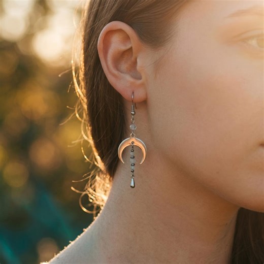 Lunula Moon Symbol Earrings With Labradorite, Moonstone, Hematite – Boho Festival Charm Jewelry - Etsy