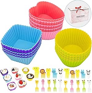Reusable Thickened Silicone Cupcake Liners 44 Pcs Set,2.75 inch Non-Stick Muffin Baking Cups in Square, Heart, and Circle Shapes,Bento Lunch Box Dividers Accessories (24 Cake Cup and 20 Food Picks)