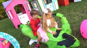 Diana and Roma saw a funny character in the play house. The children were scared at first. But then they became friends. Kids playing with new friends & pretend play with toys | Diana and Roma pretend play