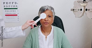 Eye care, reading test and woman in office with occluder, doctor and health insurance in clinic. Advice, eyesight consultation and mature patient in exam to check eyes for glasses, lens and vision.