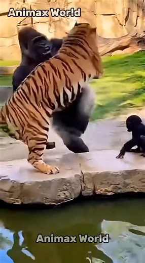 Rare Zoo Moment: Gorilla Faces Tiger to Protect Its Child#Shorts #funnyanimals #funnyvideo