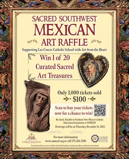 🎨✨ Win a Masterpiece. Fund a Future. ✨🎨 This year’s Las Cruces Catholic School Art Raffle is officially underway and every ticket makes a difference. Each $100 ticket enters you for a chance to win stunning original artwork while directly supporting student scholarships, academic excellence, and teacher development through the Southern New Mexico Catholic Education Foundation. With New Mexico ranking 50th in education for eight consecutive years, LCCS continues to be a beacon of hope, nurturin