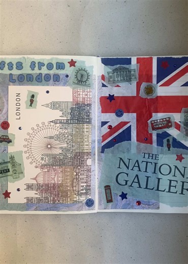 this is the spread I’ve made with all the souvenirs my sister brought me from London! 🇬🇧 the final result is a little messy but I still love it! 💙 #junk #junkjournal #journal #london