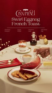 Take your holiday breakfast from mundane to magazine-worthy with this Cinnamon Swirl Eggnog French Toast, topped with Cranberry Compote: 1 package (about 12 ounces) fresh or thawed frozen cranberries 3/4 cup sugar 1/4 cup water 4 eggs 1/4 cup eggnog 2 tablespoons butter 8 slices Pepperidge Farm® Cinnamon Swirl Bread Heat the cranberries, sugar and water in a medium saucepan over high heat to a boil. Cook just until the cranberries begin to pop and the liquid is reduced to a syrupy consistency. R