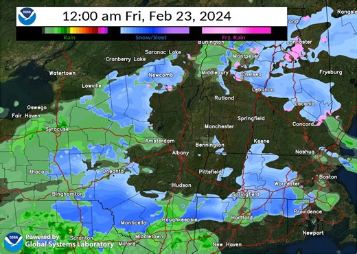A forecast model depiction of precipitation over the next 24 hours. Mainly light precipitation will overspread the area from west to east later today into tonight. Mostly rain is expected in lower elevations, with snow or a brief wintry mix in the higher terrain. The precipitation should end by late Friday morning. | US National Weather Service Albany NY
