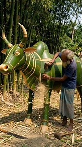 Incredible Bamboo Art! 🎋 He built a Giant Bull from scratch. This is absolutely mind-blowing! Look at how this elderly artist transforms raw bamboo into a magnificent life-sized Bull. The precision and details are unmatched. 😱❤️ True talent needs no expensive tools. Nature provides everything! #BambooArt #WoodWorking #AmazingTalent #Handmade #Crafts #Bull #NatureArt #Satisfying #USA #Canada #ViralReels #Respect #DIY | Nature Art Studio