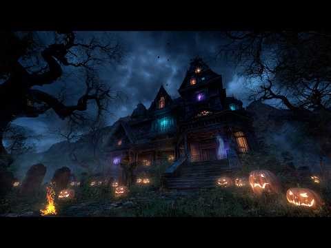 Haunted Mansion Halloween Night 🎃 Spooky Fireplace & Graveyard Ambience