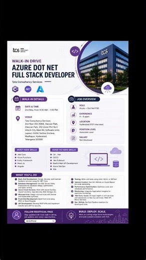 Walk-in Drive | Azure .NET Full Stack Developer | TCS Hyderabad🔥