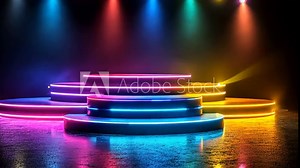 A stage with three platforms illuminated by spotlights in various colors