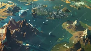 An animation depicting an imaginary planet with pixel art, where diverse terrains such as mountains, lakes, and futuristic cities are spread across the planet's surface.