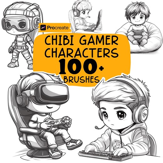 Procreate Chibi Gamer Characters Brushes, 100+ Cartoon Chibi Gamer Characters Procreate Stamps, Human, Gamer Poses, Cartoon , Chibi, Kawaii - Etsy