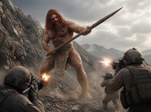 Goliath was the last giant mentioned in the Bible in the battle against King David. After the Bronze Age Collapse, giants are not mentioned in the region until the rumors about U.S. soldiers encountering a red-haired giant in the desert near Kandahar in Afghanistan.The giant was 15 feet tall, emerged from a cave with a spear, and allegedly killed one of the soldiers before being taken down. There is no documentation from the U.S. Department of Defense; allegedly, the soldiers were not allowed to