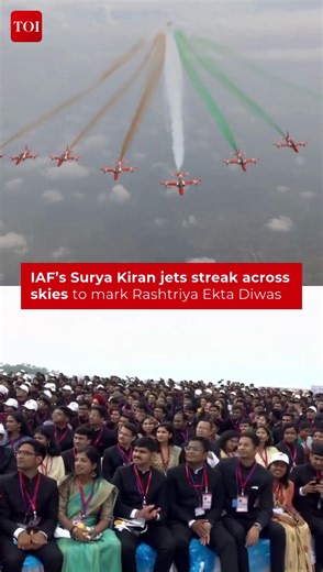 8.8K views · 113 reactions | The elite jets of the Indian Air Force soared above the skies in a majestic display on Rashtriya Ekta Diwas, honouring our collective spirit and patriotic standing. #SuryaKiran #IAF #RashtriyaEktaDiwas #TricolourSky | The Times of India | Facebook