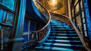 Elegant blue staircase winding upwards in luxurious hotel. Resource footage