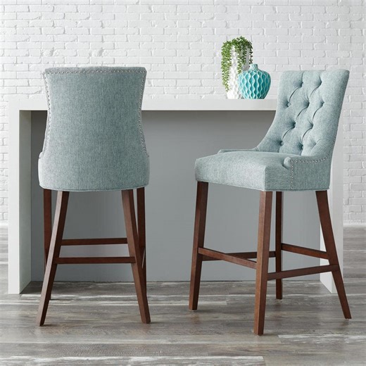 Reviews for StyleWell 31 in. Bakerford Aloe Blue Upholstered Wood Bar Stool with Back (Set of 2) | Pg 3 - The Home Depot