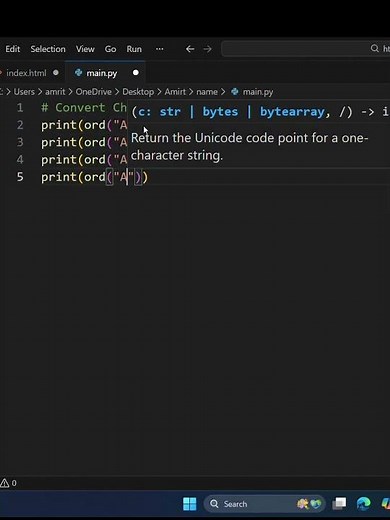 Convert Character to ASCII in 1 Line #shorts #python