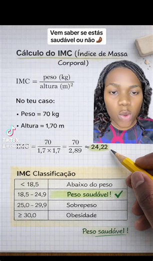 O Índice de Massa Corporal (IMC) é um cálculo utilizado para avaliar o estado nutricional de uma pessoa, comparando o peso com a altura e classificando em faixas como baixo peso, peso adequado ou obesidade.🙏 Partilha para ajudar os outros … #IMC