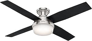 Hunter 52 inch Indoor Ceiling Fan with LED Light and Remote Control - Modern Ceiling Fan, Low Profile Mount, 4 Black Oak Blades, For Bedroom, Living Room, or Kitchen - Dempsey 59241, Brushed Nickel