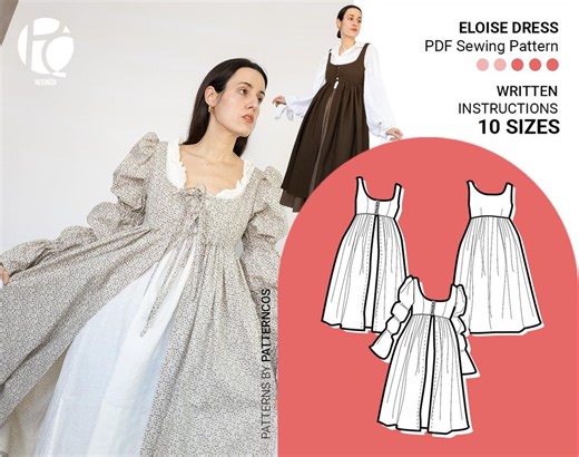 Medieval Renaissance Dress Sewing Pattern | Ren Faire Overdress Fantasy Costume | Princess Nightgown Pattern | 10 SIZES | PDF Sewing Pattern - Etsy