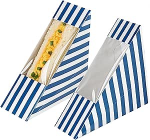 Restaurantware Cafe Vision 4.8 x 2 Inch Sandwich Paper Boxes, 200 Small Sandwich Wedge Boxes - With Window, Disposable, Blue And White Paper Triangle Sandwich Containers, Striped, Grease-Impervious